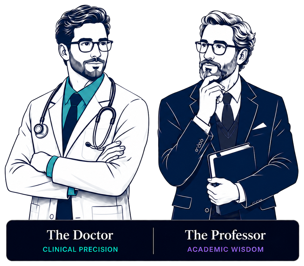 The Doctor representing clinical precision and The Professor representing academic wisdom