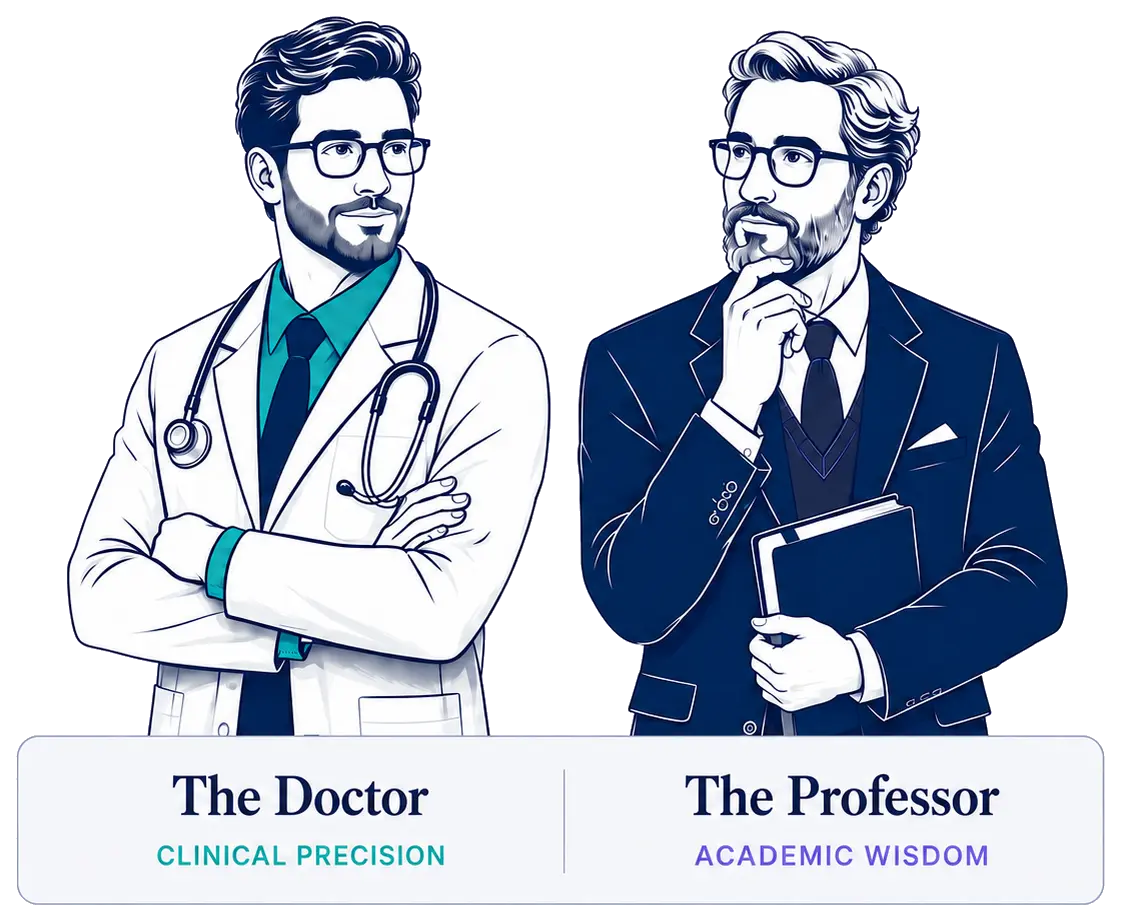 The Doctor representing clinical precision and The Professor representing academic wisdom