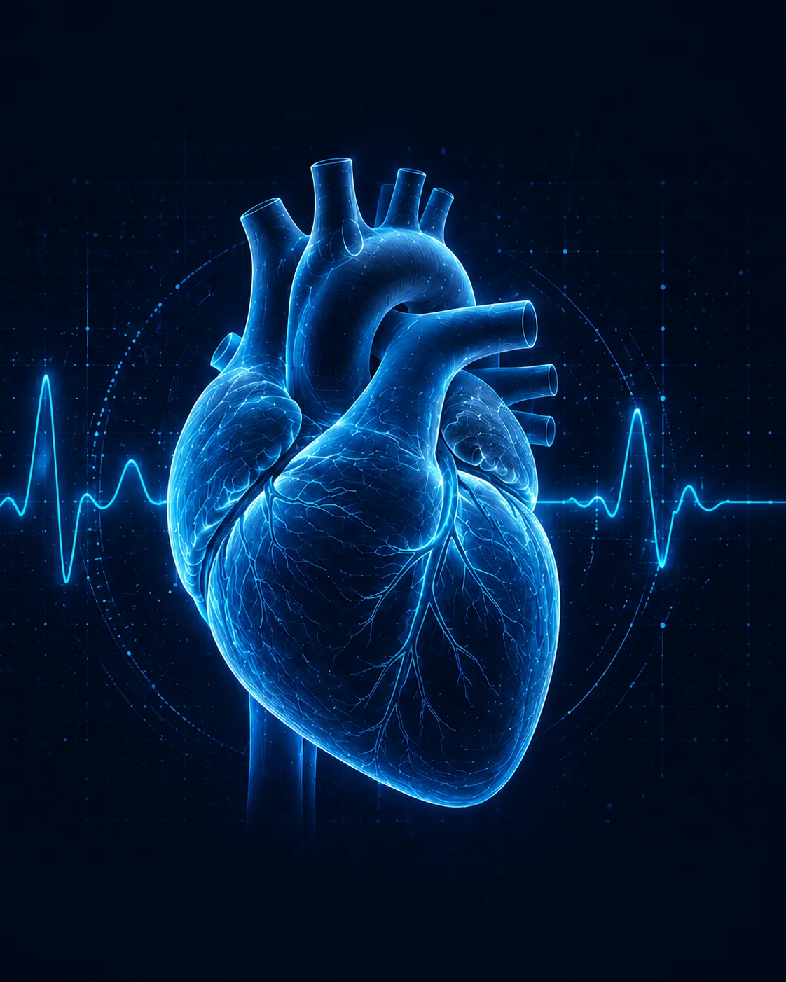 Luminous anatomical heart with an electrocardiogram trace